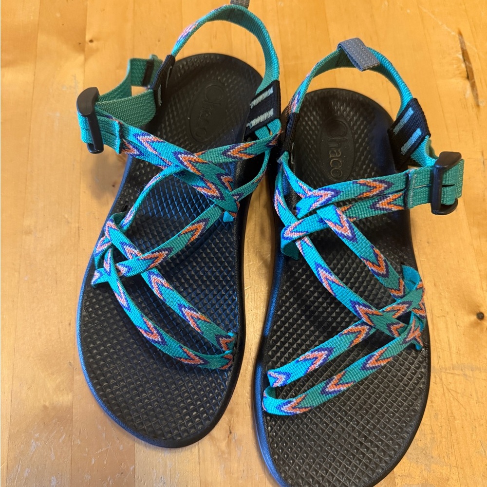 Chaco Teal and Black Zigzag Webbing Sandals